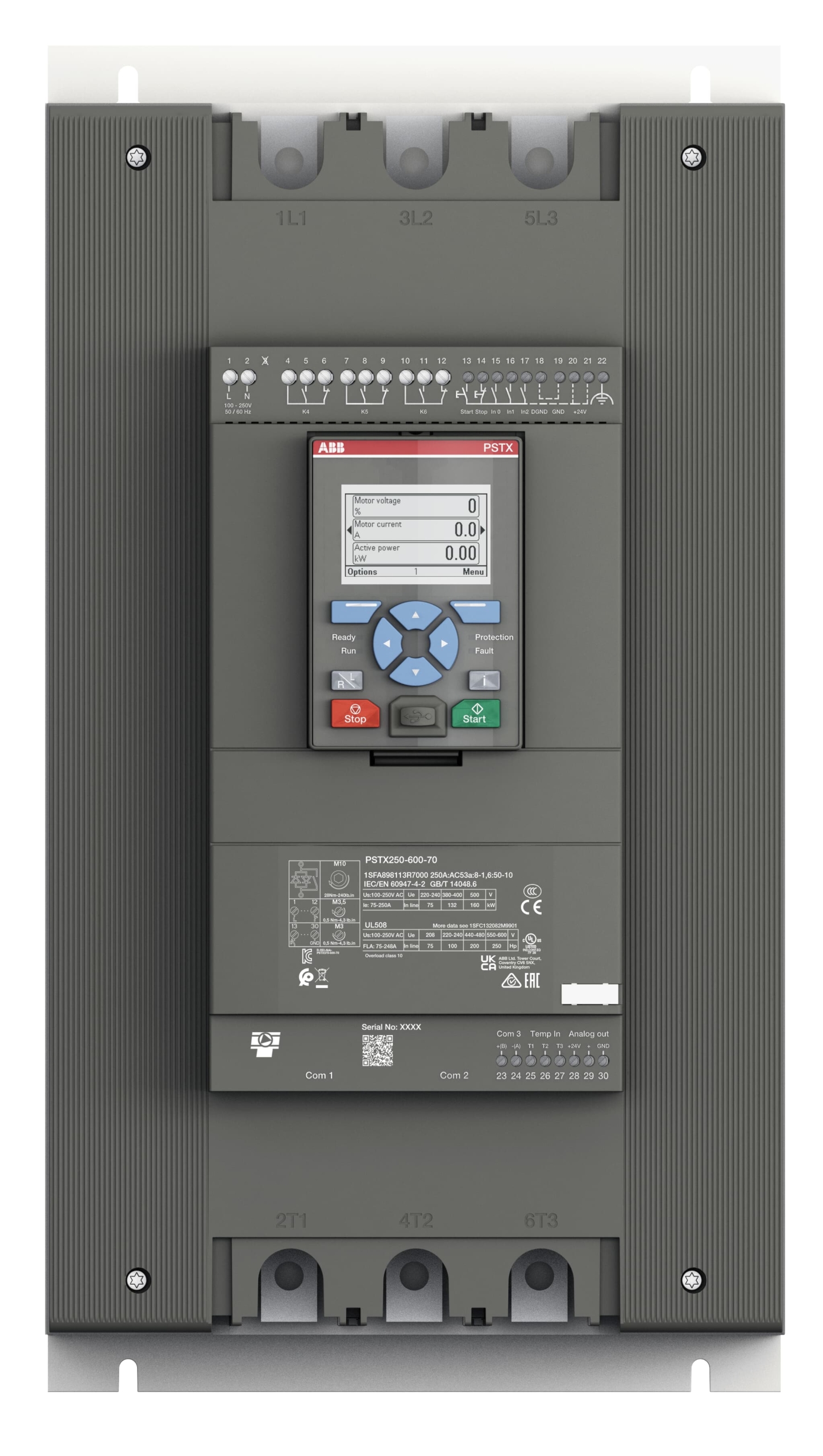 1SFA898113R7000 ABB - PSTX250-600-70 Softstarter - 250 A - 208 ... 600 V AC. The softstarter PSTX250-600-70 has a rated maximum operational current of 250 A with an operating voltage span from 208...600 V AC. The rated control voltage is between 100...250 V AC at 50/60 Hz.