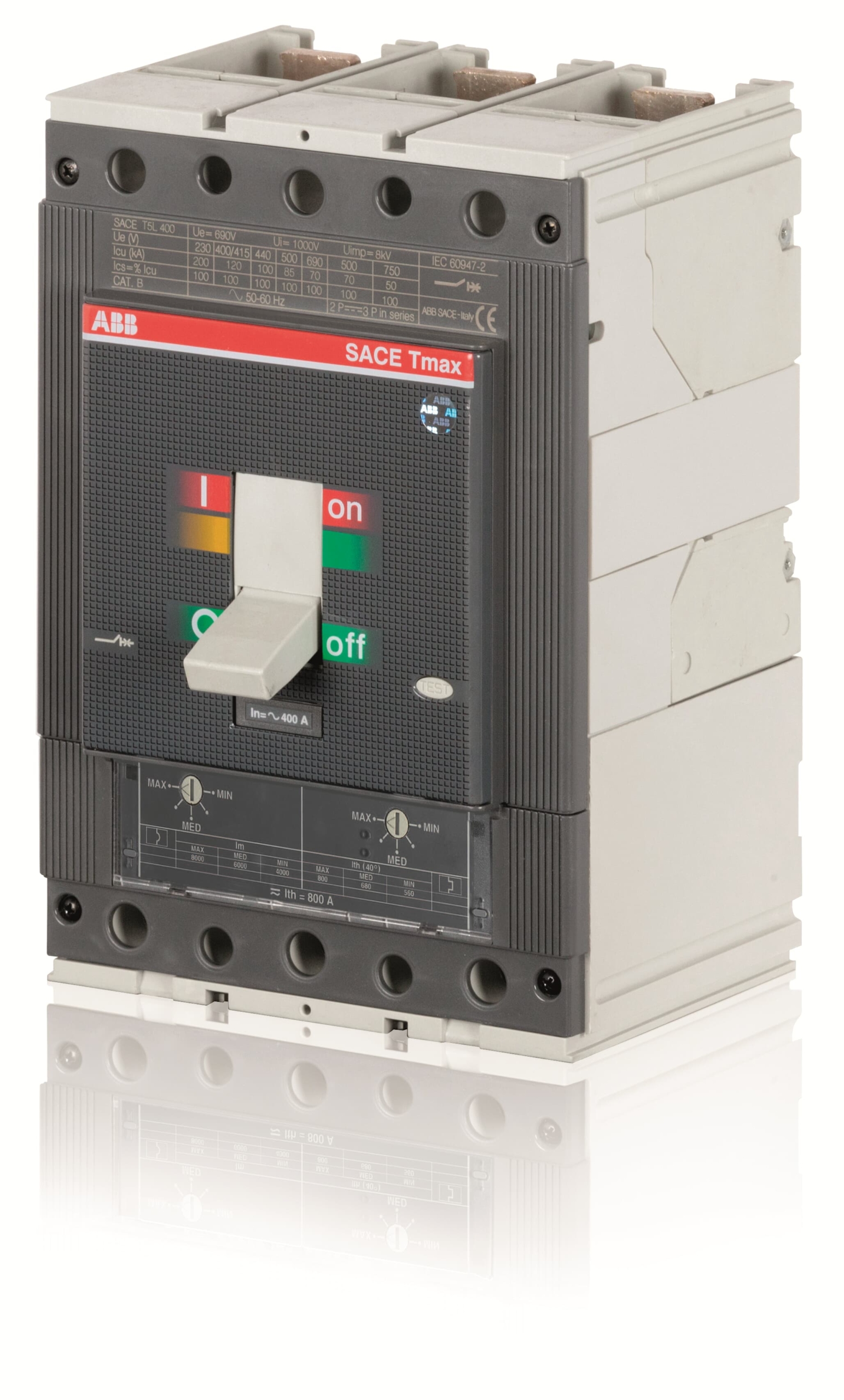 1SDA054436R1 ABB - T5N 400 TMA 320-3200 3p F F T5N box-type circuit breaker - Icu breaking capacity (415V) = 36kA - 400A- TMA thermomagnetic protection release with adjustable thermal and magnetic threshold, 320-3200 3-pole with fixed front terminals.
