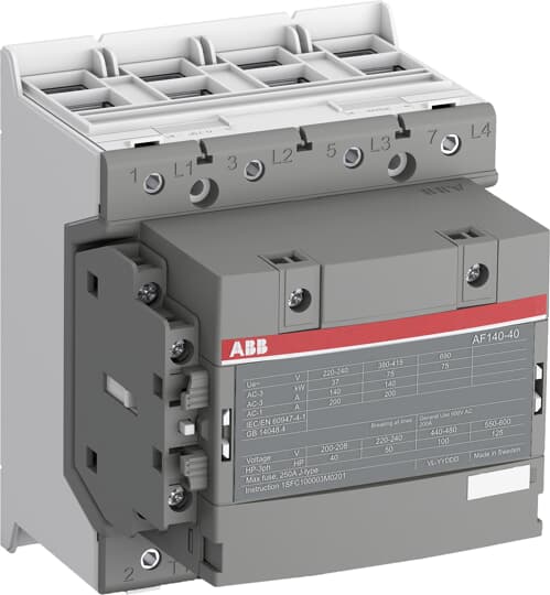 1SFL447101R1311 ABB - AF140-40-11-13 AF140-40-11-13 Contactor. The AF140-40-11-13 is a 4 pole - 690 V IEC or 600 V UL contactor with pre-mounted auxiliary contacts and double clamp, controlling motors up to 75 kW / 400 V AC (AC-3) / and switching power circuits up to 200 A (AC-1) or 175 A UL general use.