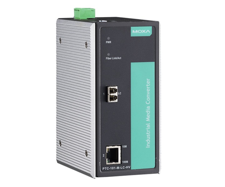PTC-101-S-LC-LV Moxa MEDIA CONVERTER, INDUSTRIAL, 10/100 BASET(X) TO 100 BASEFX, SINGLE-MODE WITH LC CONNECTOR, DUAL REDUNDANT POWER INPUTS (20-70 VDC), -40 TO 85°C OPERATING TEMPERATURE
