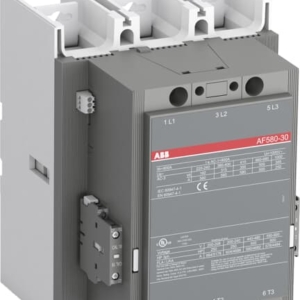 1SFL617001R7122 ABB - AF580-30-22-71 AF580-30-22 250-500V 50/60Hz / 250-500V DC Contactor. The AF580-30-22-71 is a 3 pole - 1000 V IEC or 600 V UL contactor with pre-mounted auxiliary contacts and Main Circuit Bars, controlling motors up to 315 kW / 400 V AC (AC-3) or 500 hp / 480 V UL and switching power circuits up to 800 A (AC-1) or 750 A UL general use. Thanks to the AF technology, the contactor has a wide control voltage range (250-500 V 50/60 Hz and DC), managing large control voltage variations, reducing panel energy consumptions and ensuring distinct operations in unstable networks.
