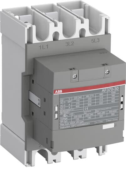 1SFL607002R1300 ABB - AF370-30-00-13 AF370-30-00-13 Contactor. The AF370-30-00-13 is a 3 pole - 1000 V IEC or 600 V UL contactor with Main Circuit Bars, controlling motors up to 200 kW / 400 V AC (AC-3) or 300 hp / 480 V UL and switching power circuits up to 600 A (AC-1) or 520 A UL general use.
