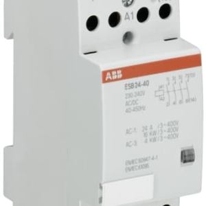 GHE3291102R0006 ABB - ESB24-40-230AC/DC ESB24-40-230AC/DC Installation Contactor 230 ... 240 V - 4 NO - 0 NC. The ESB24 installation contactor is a 4 pole contactor suitable for modular switchboards. They are specially designed fitting to modular DIN rail products and for applications where customers want to use the panel design with high finger protection.