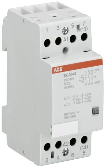 GHE3291102R0006 ABB - ESB24-40-230AC/DC ESB24-40-230AC/DC Installation Contactor 230 ... 240 V - 4 NO - 0 NC. The ESB24 installation contactor is a 4 pole contactor suitable for modular switchboards. They are specially designed fitting to modular DIN rail products and for applications where customers want to use the panel design with high finger protection.