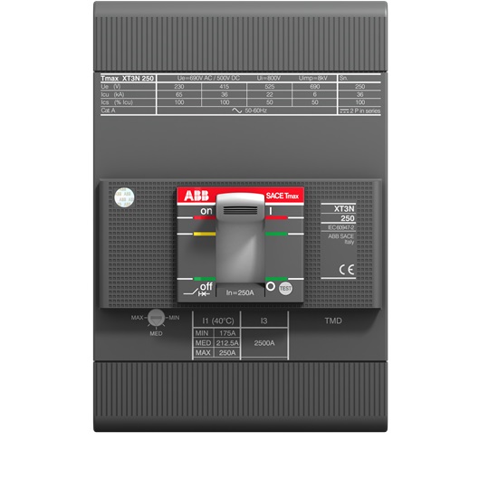 1SDA068058R1 ABB - XT3N 250 TMD 200-2000 3p F F XT3N 250 TMD 200-2000 3p F F. CIRCUIT BREAKER TMAX XT3N 250 FIXED THREE-POLE WITH FRONT TERMINALS AND THERMOMAGNETIC RELEASE TMD R 200-2000 A