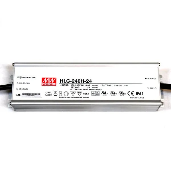 HLG-240H-24 Mean Well LED POWER SUPPLY, METAL CASE, OUTPUT 10A / 24 VDC, 240 W, INPUT 90 VAC TO 305 VAC / 127 VDC TO 431 VDC, WITHOUT DIMMING