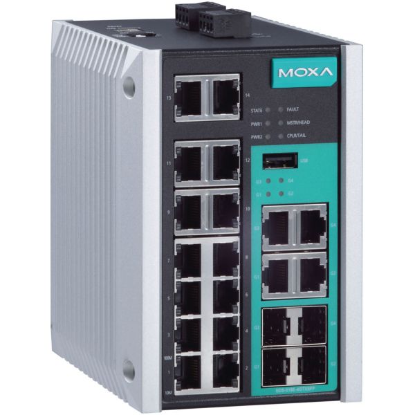 EDS-518E-4GTXSFP-T Moxa MANAGED ETHERNET SWITCH, GIGABIT, WITH 14 EDIA CONVERTER, MULTI-MODE WITH ST CONNECTOR, DUAL REDUNDANT POWER INPUTS (20-70 VDC), -40 TO 85C OPERATING TEMPERATURE
