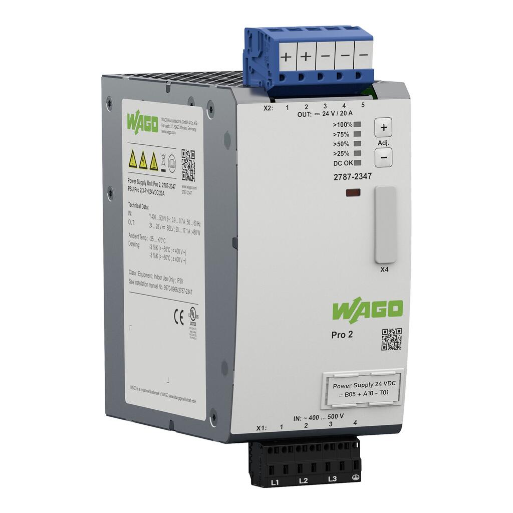 2787-2347 Wago Power supply; Pro 2; 3-phase; 24 VDC output voltage; 20 A output current; TopBoost + PowerBoost; communication capability