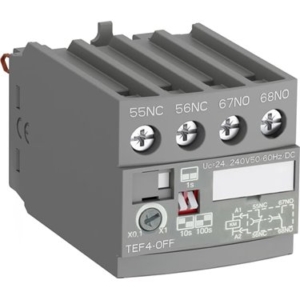 1SBN020114R1000 ABB - TEF4-OFF TEF4-OFF is a frontal electronic timer used to realize the timing function and allow a compact solution in the cabinet compared to separate timers. TEF4 electronic timers are front-mounted and locked on AF, AFC contactors or NF, NFC contactor relays. A mechanical indicator allows to show the state of the contactor. TEF4 electronic timers are supplied by a direct plug-in parallel connection to the coil terminals A1 - A2 of the contactor or contactor relay. A varistor is integrated on the timer to offer a built-in protection against surges in the contactor coil. The TEF4 is available for a wide control voltage range 24...240 V AC/DC. TEF4 allow time-delayed functions up to 100 s in 3 distinct time ranges, independently of the control system. The time delay ranges are selected by a switch and the time delay can be adjusted by means of a rotary switch. The timing function of TEF4-OFF is activated by opening the device on which the timer is mounted. The OFF-delay version operates without additional control supply.
