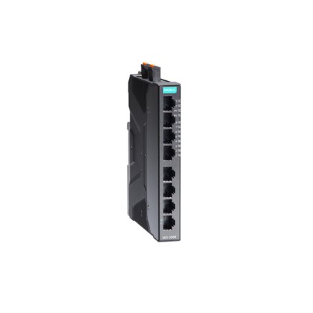 SDS-3008-T Moxa Compact industrial smart Ethernet switch with 8 10/100BaseT(X) ports, dual 12/24/48 VDC power inputs, -40 to 75°C operating temperature