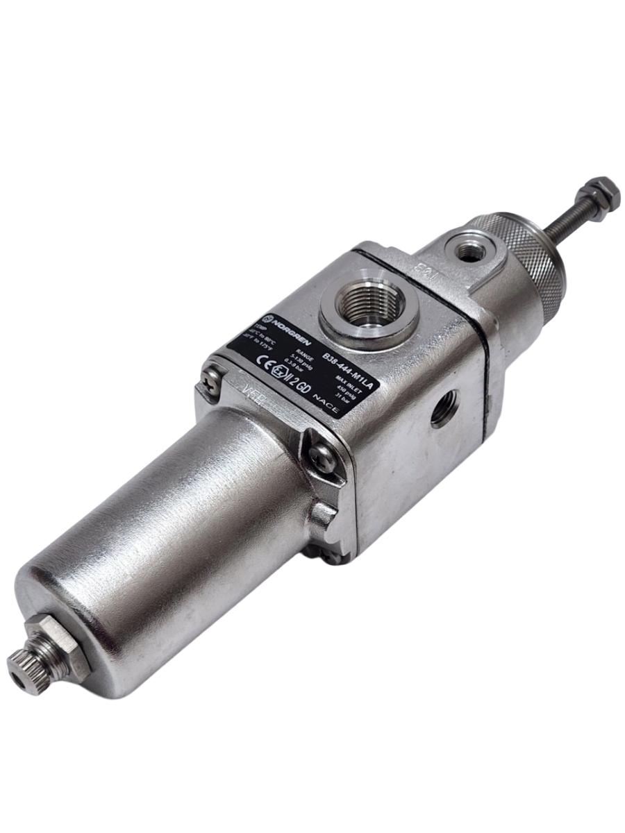B38-442-M1LA Norgren B38 series stainless steel filter regulator, 1/2 PTF, 0.3-9 bar, manual drain, 5um filter element, without pressure gauge