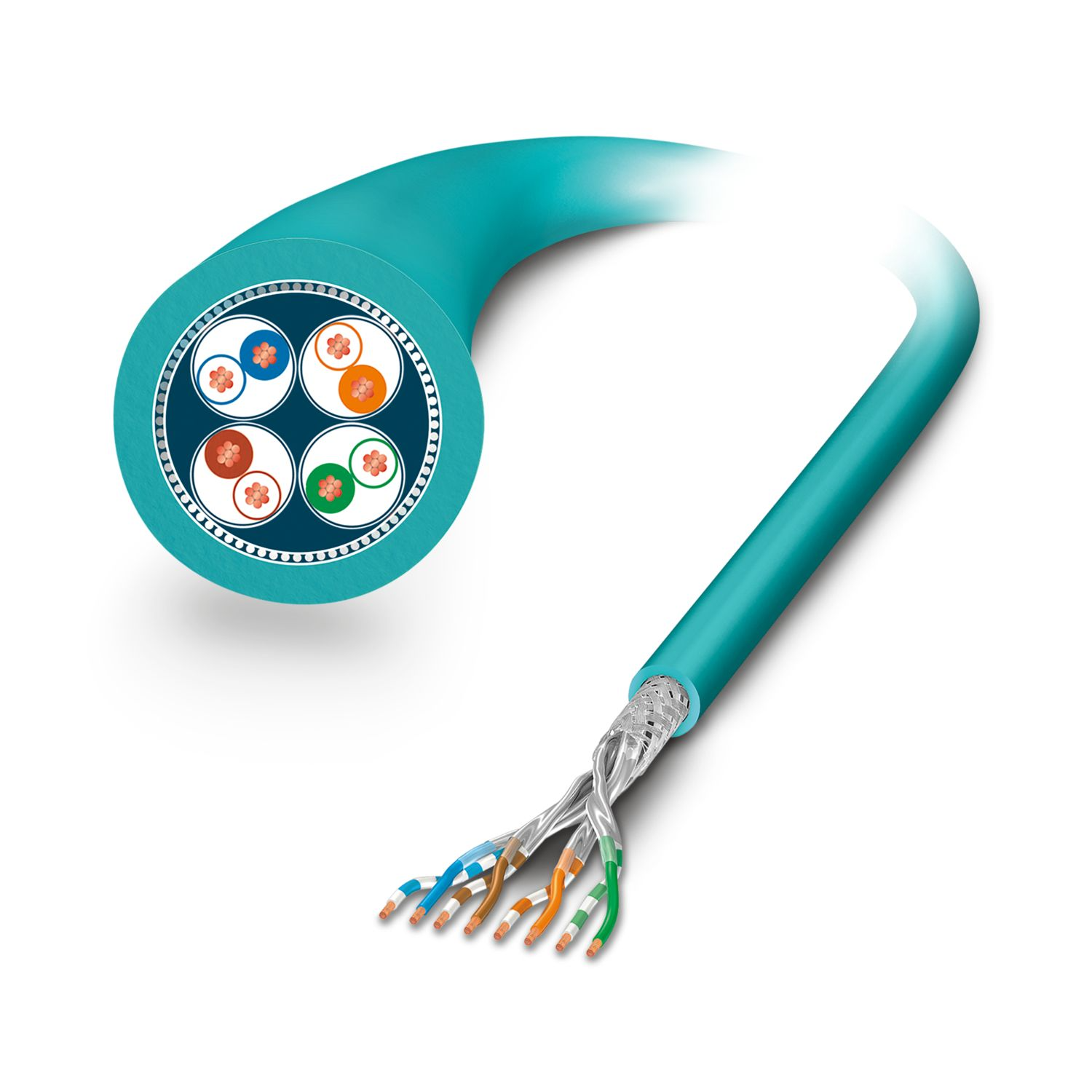 1417359/305.0 Phoenix Contact - VS-OE-OE-94F/.. In metri, Cavo dati, Ethernet CAT6A (10 Gbit/s), schermata, PUR senza alogenati, azzurro mare RAL 5021, 8-conduttori (4x2xAWG26/7; S/FTP), colore conduttore singolo: bianco/blu-blu, bianco/arancione-arancione, bianco/verde-verde, bianco/marrone-marrone, lunghezza cavo: Ingresso libero (0,5... 400 m)