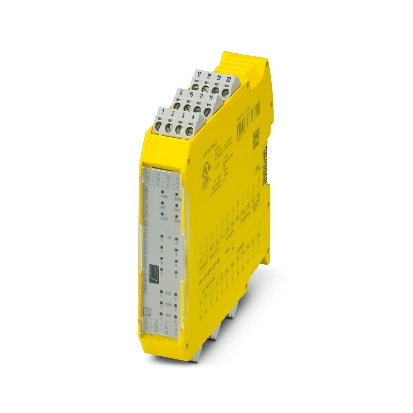 1104981 Phoenix Contact - PSR-M-B1-SDI8-SDO2-DO2-SC Configurable safety module (basic module), 8 safe inputs, 2 safe outputs, 2 reset inputs, 2 signal outputs, 4 clock outputs, can be extended via TBUS, up to SIL 3, Cat. 4/PL e, plug-in screw terminal block, TBUS connector not included