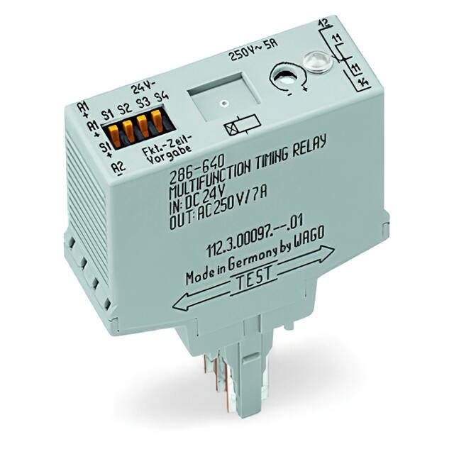 286-640/004-000 Wago Timer relay module; Nominal input voltage: 24 VDC; Limiting continuous current: 5 A; Railway; Multifunction; Red status indicator; Module width: 20 mm; gray