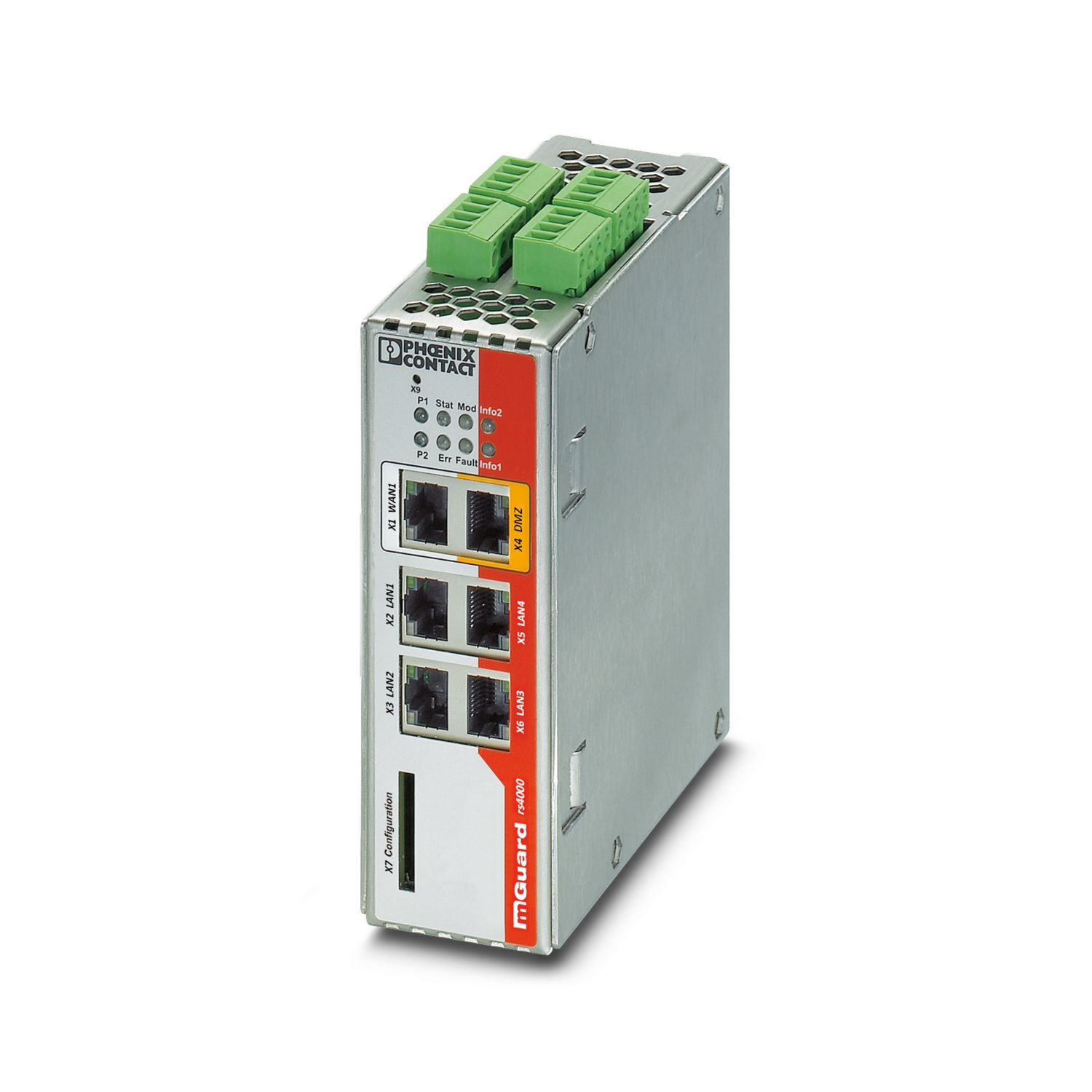 2701876 Phoenix Contact - FL MGUARD RS4004 TX/DTX Security appliance in metal housing with integrated 4-port Managed Switch and DMZ port, with expanded temperature range, SD card slot, intelligent firewall, router with NAT/1:1-NAT, optional VPN, CIFS integrity monitoring or OPC Inspector