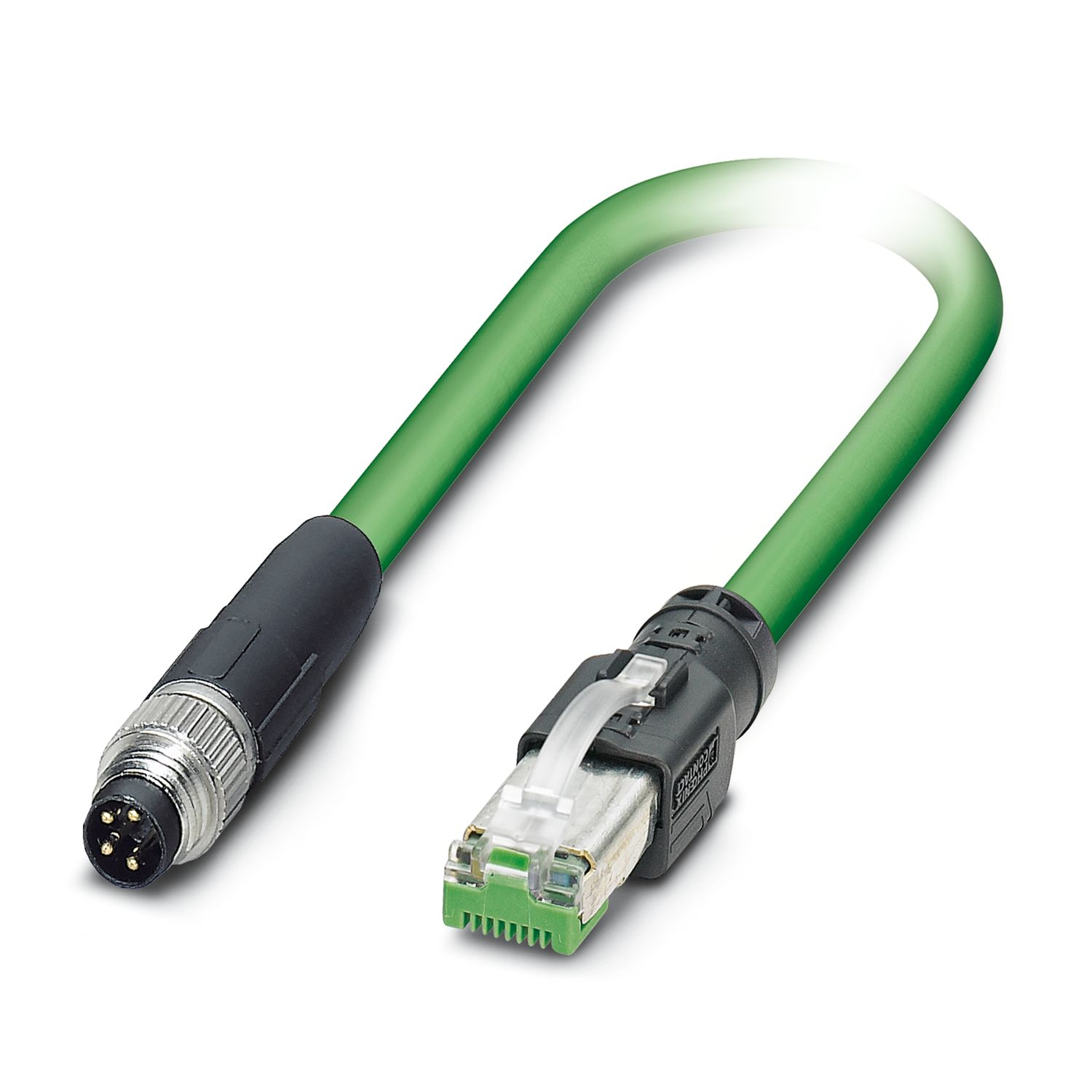 1407352 Phoenix Contact - NBC-M 8MS/ 1,0-93B/R4AC Network cable, Ethernet (100 MBit/s), PROFINET (100 MBit/s), EtherCAT (100 MBit/s), 4-pole, PVC/PVC, green RAL 6018, shielded, Male straight M8, coding: A / IP67, to Male straight RJ45 / IP20, cable length: 1 m