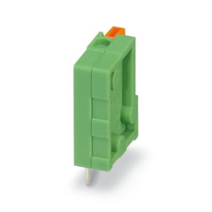 1791855 Phoenix Contact - FFKDSA1/V-5,08 PCB terminal block, nominal current: 6 A, rated voltage (III/2): 160 V, nominal cross section: 0.5 mm2, number of potentials: 1, number of rows: 1, number of positions per row: 1, product range: FFKDS(A) 0,5/..-V, pitch: 2.54 mm, connection method: Push-in spring connection, mounting: Wave soldering, conductor/PCB connection direction: 90 °, color: green, Pin layout: Linear pinning, Solder pin [P]: 3.4 mm, number of solder pins per potential: 2, type of packaging: packed in cardboard. End terminal block for terminating custom-grouped blocks.