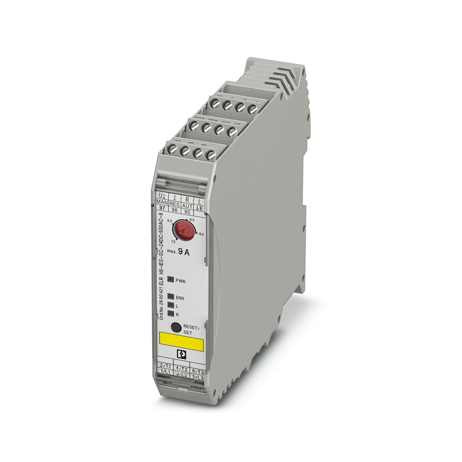 2900421 Phoenix Contact - ELR H5-IES-SC- 24DC/500AC-9 Hybrid motor starter for reversing 3~ AC motors up to 500 V AC and 9 A output current, with 24 V DC control voltage, adjustable overload shutdown, emergency stop function to SIL 3/PL e, and screw connection.