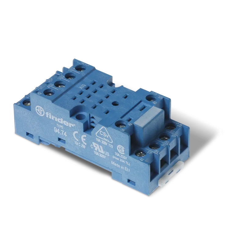 94.74 Finder RELAY SOCKET, 94 SERIES, FOR USE W/ 55.34 SERIES RELAYS, 10 AMP, 250 VAC, 14 CONTACTS, BLUE, SCREW TERMINALS, DIN RAIL MOUNT -40 TO +70 DEGREE C, IP20