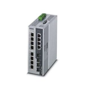 1026922 Phoenix Contact - Industrial Ethernet Switch - FL SWITCH 4004T-8POE-4SFP Managed PoE+ Ethernet switch conforms to IEEE 802.3at. Includes eight 10/100/1000 PoE+ ports with 60 W capability, four standard 10/100/1000 Mbps ports, four 1000 Mbps SFP ports, a total PoE system budget of 240 W, and jumbo frames up to 9,200 bytes.