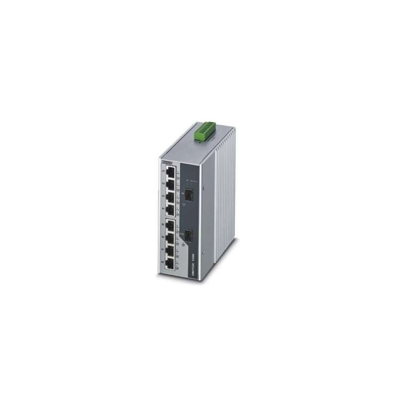 1026929 Phoenix Contact - FL SWITCH 1000T-8POE-GT-2SFP PoE+ Ethernet switch conforms to IEEE 802.3at. Includes eight 10/100/1000 Mbps PoE+ ports, two 1000 Mbps SFP ports, a total PoE system budget of 120 W, and jumbo frames up to 9600 bytes.