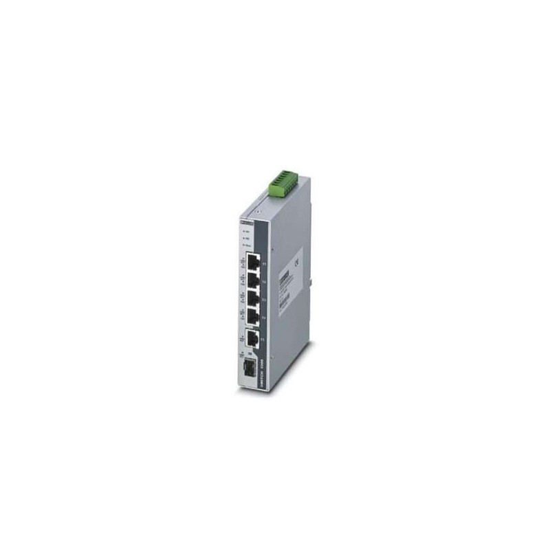 1026932 Phoenix Contact - FL SWITCH 1001T-4POE-GT-SFP PoE+ Ethernet switch conforms to IEEE 802.3at. Includes four 10/100/1000 Mbps PoE+ ports, one standard 10/100/1000 Mbps RJ45 port, one 1000 Mbps SFP port, a total PoE system budget of 120 W, and jumbo frames up to 10240 bytes.