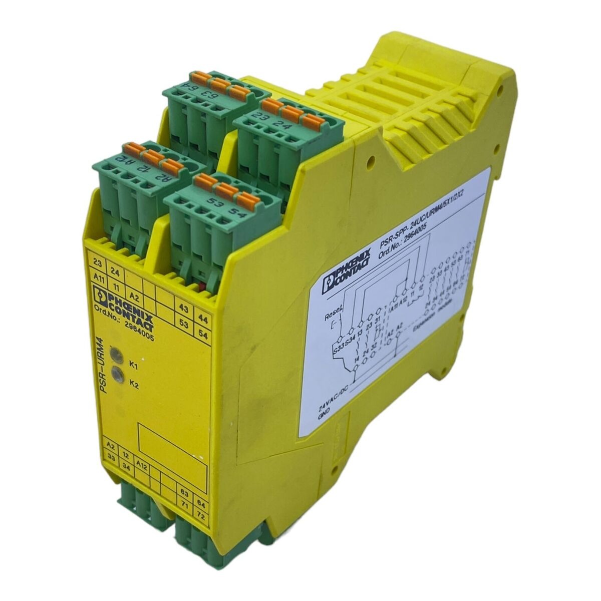 2964005 Phoenix Contact - Extension module - PSR-SPP- 24UC/URM4/5X1/2X2 Single-channel or two-channel contact extension, 5 N/O contacts, 1 N/C contact, 1 confirmation current path, together with basic unit up to Cat. 4 PL e according to EN ISO 13849 safe isolation, plug-in terminal blocks, width: 35 mm