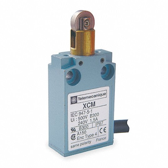 XCMA102 Telemecanique LIMIT SWITCH, STEEL ROLLER PLUNGER FOR LATERAL CAM APPROACH, SINGLE POLE, 1 C/O SNAP ACTION, 5 AMP, 240 V, 1 M CABLE, 1 NC / 1 NO