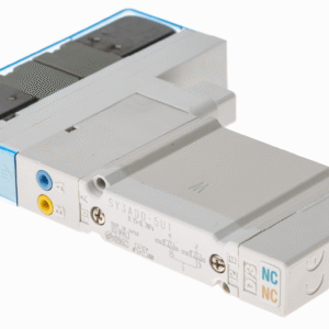 SY3A00-5U1-NA SMC SOLENOID VALVE, SMC SY3000, 4 POSITION, DUAL, 3 PORT, WITH LIGHT/SURGE VOLTAGE SUPPRESOR AND 24 VDC., BASE PORTED