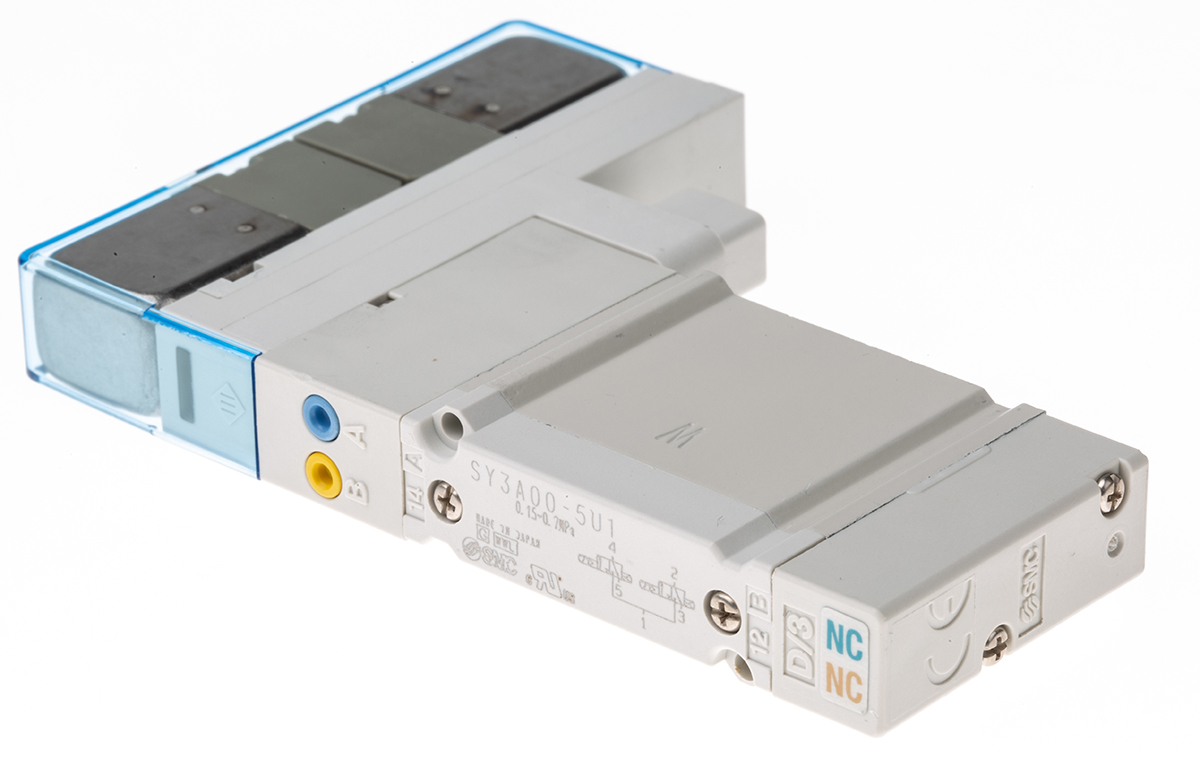 SY3A00-5U1-NA SMC SOLENOID VALVE, SMC SY3000, 4 POSITION, DUAL, 3 PORT, WITH LIGHT/SURGE VOLTAGE SUPPRESOR AND 24 VDC., BASE PORTED