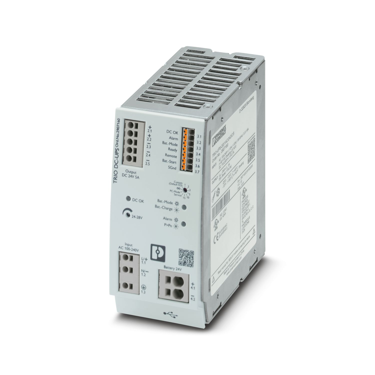 2907160 Phoenix Contact - TRIO-UPS-2G/1AC/24DC/5 Uninterruptible power supply with integrated power supply unit. For lead AGM energy storage with 1.3 Ah to 12 Ah nominal capacity. Input: 1-phase, output: 24 V DC/5 A. Push-in connection technology