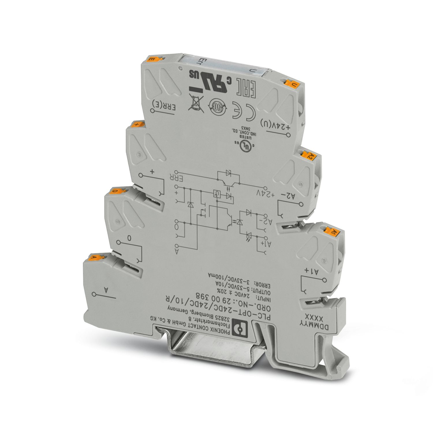 2900398 Phoenix Contact - PLC-OPT- 24DC/ 24DC/10/R PLC-INTERFACE with confirmation contact, consisting of basic terminal block with push-in connection and integrated miniature solid-state relay, for mounting on DIN rail NS 35/7,5, 1 N/O contact, input: 24 V DC, output: 3 - 33 V DC/10 A