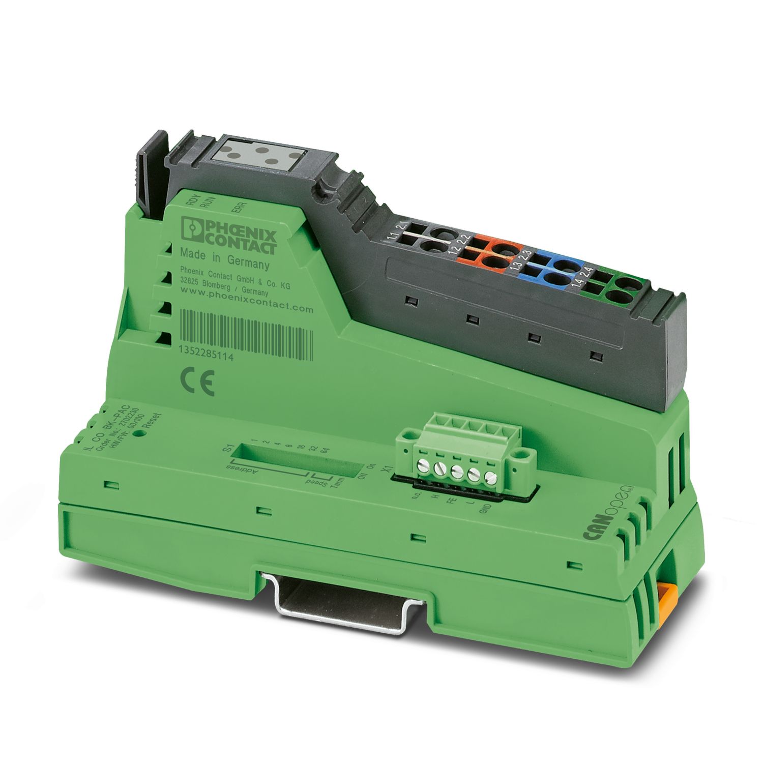 2702230 Phoenix Contact - Bus coupler - IL CO BK-PAC Inline, Bus coupler, CANopen, MINI COMBICON, transmission speed in the local bus: 500 kbps / 2 Mbps, degree of protection: IP20, including network connector, Inline connector, and marking field