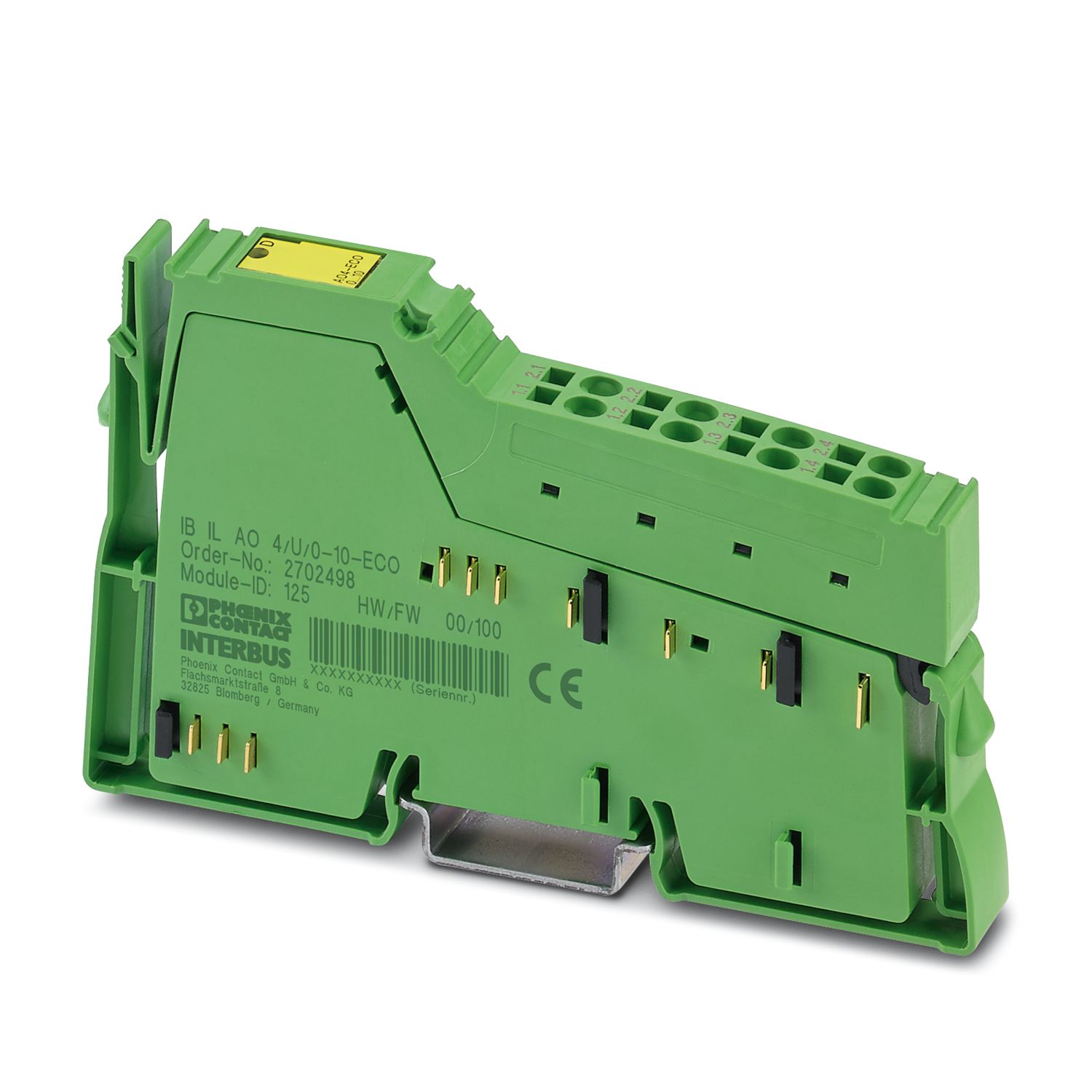 2702498 Phoenix Contact - IB IL AO 4/U/0-10-ECO Inline ECO, Analog output terminal, Analog outputs: 4, 0 V ... 10 V, connection method: 2-wire, transmission speed in the local bus: 500 kbps, degree of protection: IP20, including Inline connector