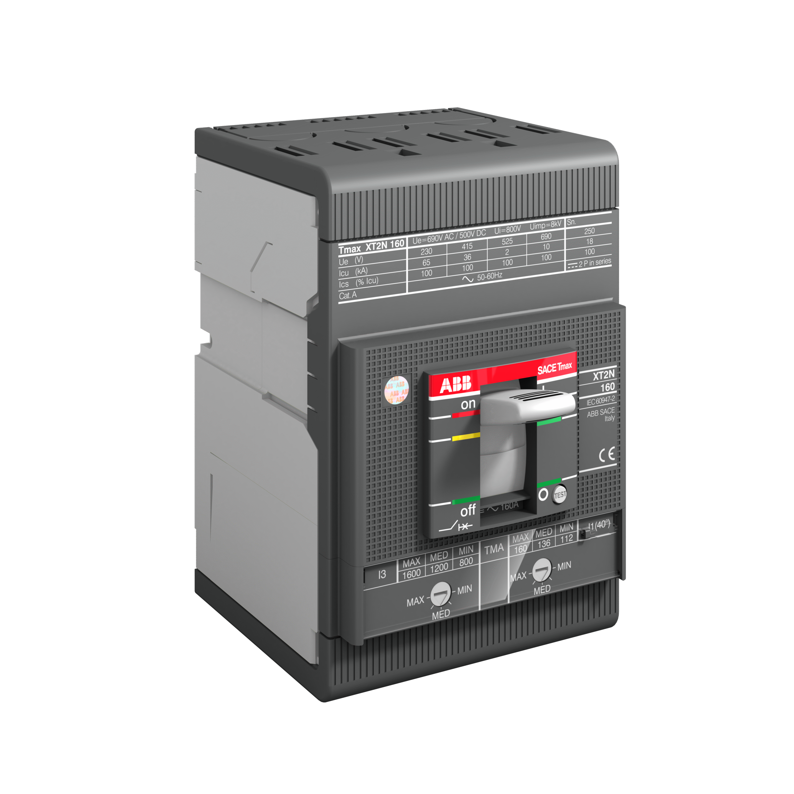 1SDA067051R1 ABB - XT2N 160 MA 52 Im=314...728 3p F F Boxed automatic circuit breaker for XT2N motor protection - Icu breaking capacity (415V) = 36kA - 160A- MA Magnetic only protection release with adjustable threshold 52 Im = 314 ... 728 3-pole with front terminals.