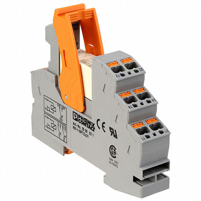2903333 Phoenix Contact - RIF-1-RPT-LV-24AC/2X21 Pre-assembled relay module with push-in connection, consisting of: relay base, power contact relay, plug-in display/suppressor module, and retaining bracket. Contact type: 2 PDTs. Input voltage: 24 V AC
