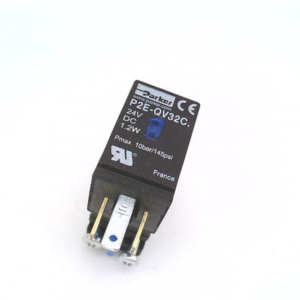 P2E-QV32C3 Parker Solenoid Operator, 15mm, Form C Electrical Connection, Food Industry Version, Pins & Ports On Opposite Sides, 3/2 Valve, Normally Closed, 24VDC, Extended Non-Locking Override (Blue)
