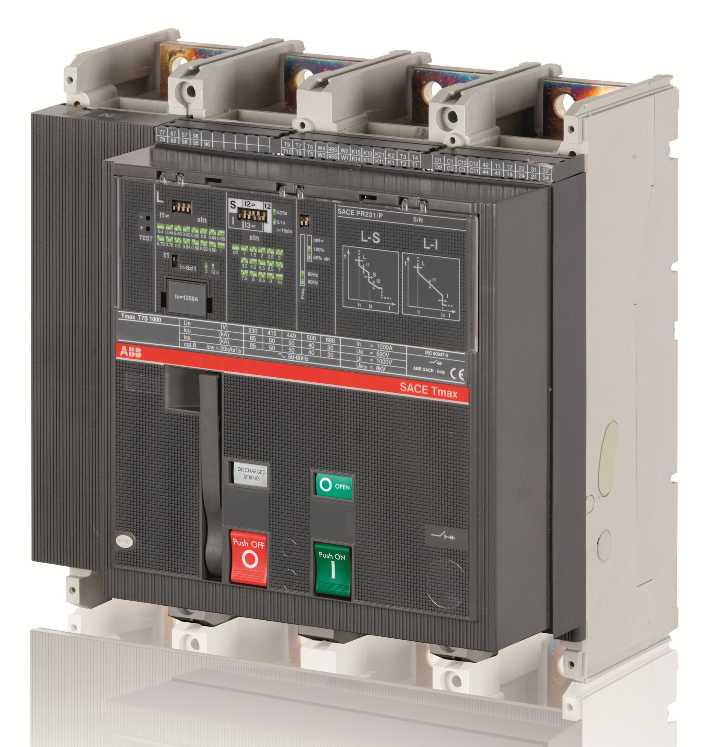 1SDA062890R1 ABB - T7S 1250 PR231/P LS/I In=1250A 4p F F M CIRCUIT BREAKER TMAX T7S 1250 FIXED FOUR-POLE WITH FRONT TERMINALS AND STORED ENERGY OPERATING MECHANISM AND SOLID-STATE RELEASE IN AC PR231/P-LS/I R 1250