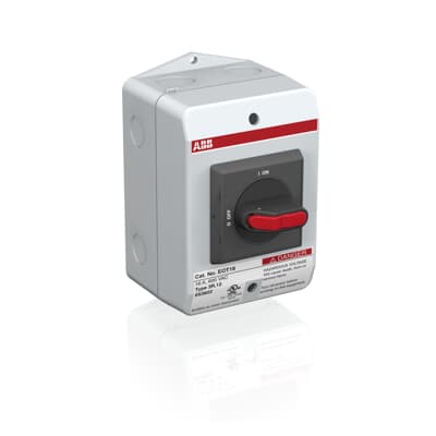 1SCA022792R2700 ABB - EOT16U3P3-S Enclosed Switch Disconnector, 3-p. Max. Horse power rating at three phase 480V 10HP. General purpose current rating 16A. Plastic enclosure, NEMA Type 3R Rainproof, 12 Indoor, Selector handle. Interlocked cover. Defeatable interlocking.
