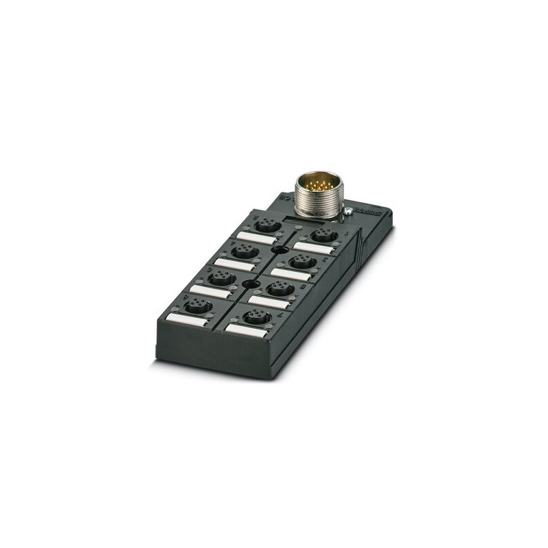 1692446 Phoenix Contact - SACB-8/ 8-L-M23 Sensor/actuator box, application: Standard, connection method: M12 socket Plastic, number of slots: 8, number of positions: 4, coding: A - standard, slot assignment: single, status display: yes, pnp; master cable connection: M23 plug connection 90 degrees, shielding: no