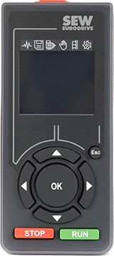 CBG11A SEW Eurodrive Keypad For Inverters, 1.5" monochrome display (38 mm),Startup of asynchronous motors:,with or without brake with or without motor temperature evaluation, without encoder, Diagnostics Saving and copying a parameter set,Firmware update of the inverter via USB connection, Connection to MOVISUITE engineering software via keypad, Selection of brakes, temperature sensors, Determination of load moment of inertia, Access to all parameters, Language: EN