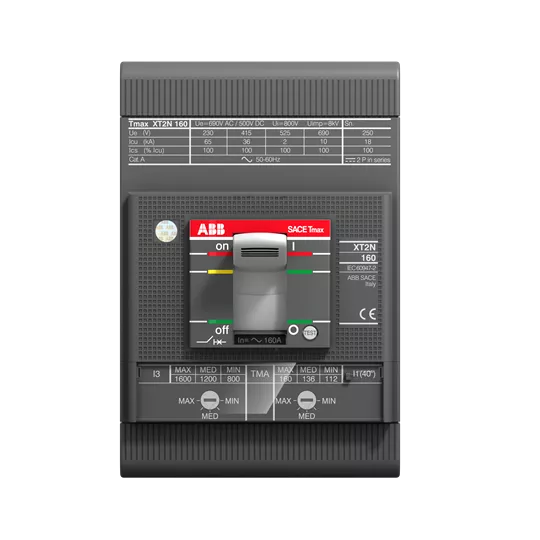 1SDA067016R0001 ABB - XT2N 160 TMA 63-630 3P F F Compact automatic circuit breaker Tmax XT XT2N with thermomagnetic protection and rated current of 63A in 3-pole version. Fragility (N) gives the ICU 36kA@415V/10kA@690V. The protection is thermally adjustable in the range 0.7-1xIn and short circuit in the range 5-10xIn. The switch is supplied for fixed mounting and has a front connection on the main terminals as standard.