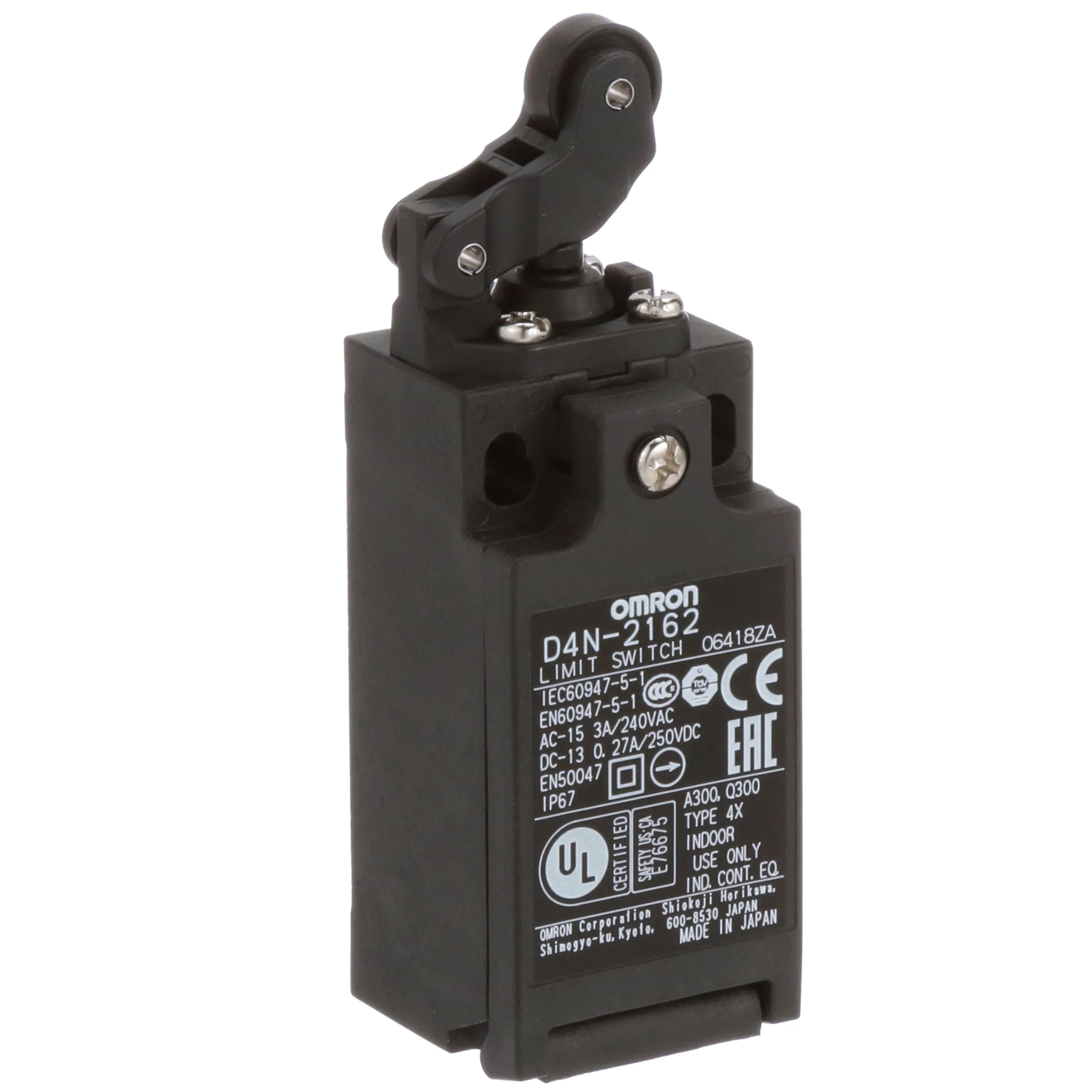 D4N-2162 Omron MINIATURE SAFETY LIMIT SWITCH, D4N SERIES, G1/2 (1-CONDUIT), 1NC/1NO (SNAP-ACTION), ONE-WAY ROLLER ARM LEVER (HORIZONTAL)