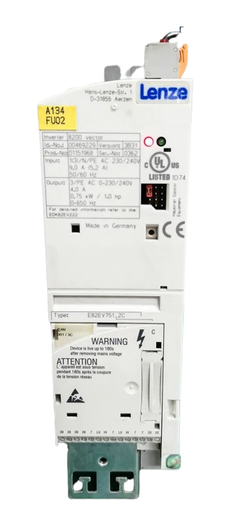 8200075KW1PH Lenze - E82EV751K2C FREQUENCY INVERTER DRIVE, 8200 VECTOR, 3 PHASE, INPUT: 9 AMP 230/240 VAC 50/60 HZ, OUTPUT: 4 AMP 0-230/240 VAC 0-650 HZ 0.75 KW 1 HP, FILTER INTEGRATED