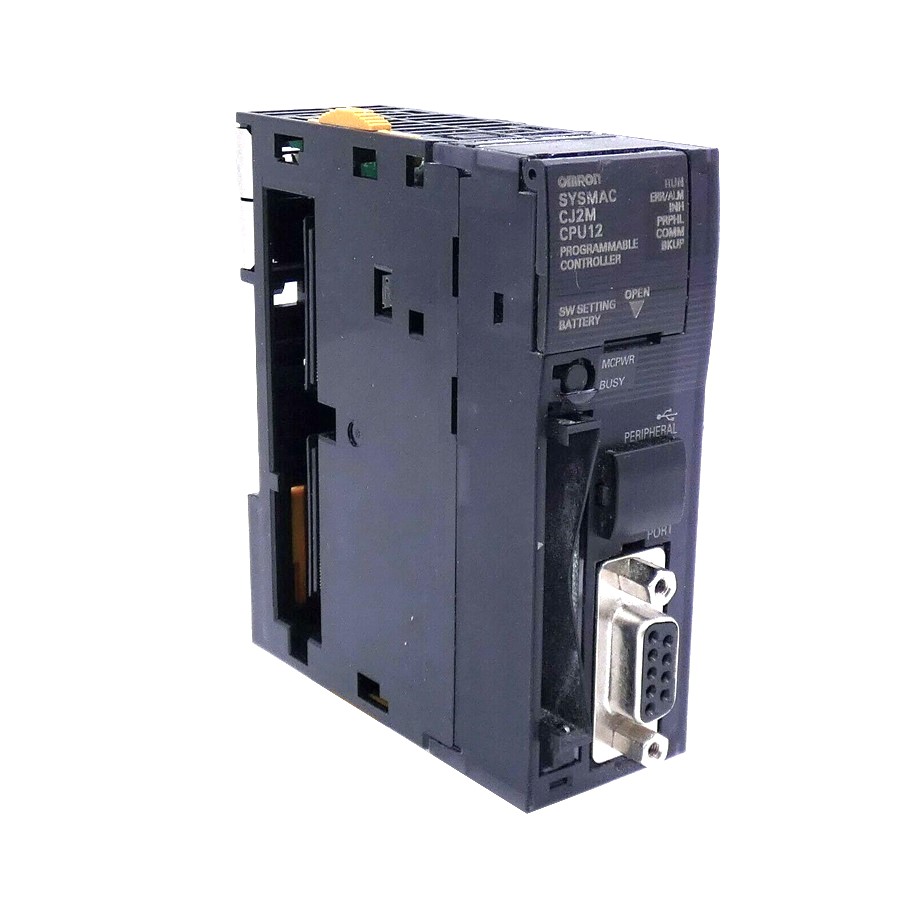 CJ2M-CPU12 Omron CPU, 10K steps program, 32K words data memory, 32K words x 1 bank EM, 2560 I/O max, RS-232C serial port, USB programming port, 3 expansion racks max