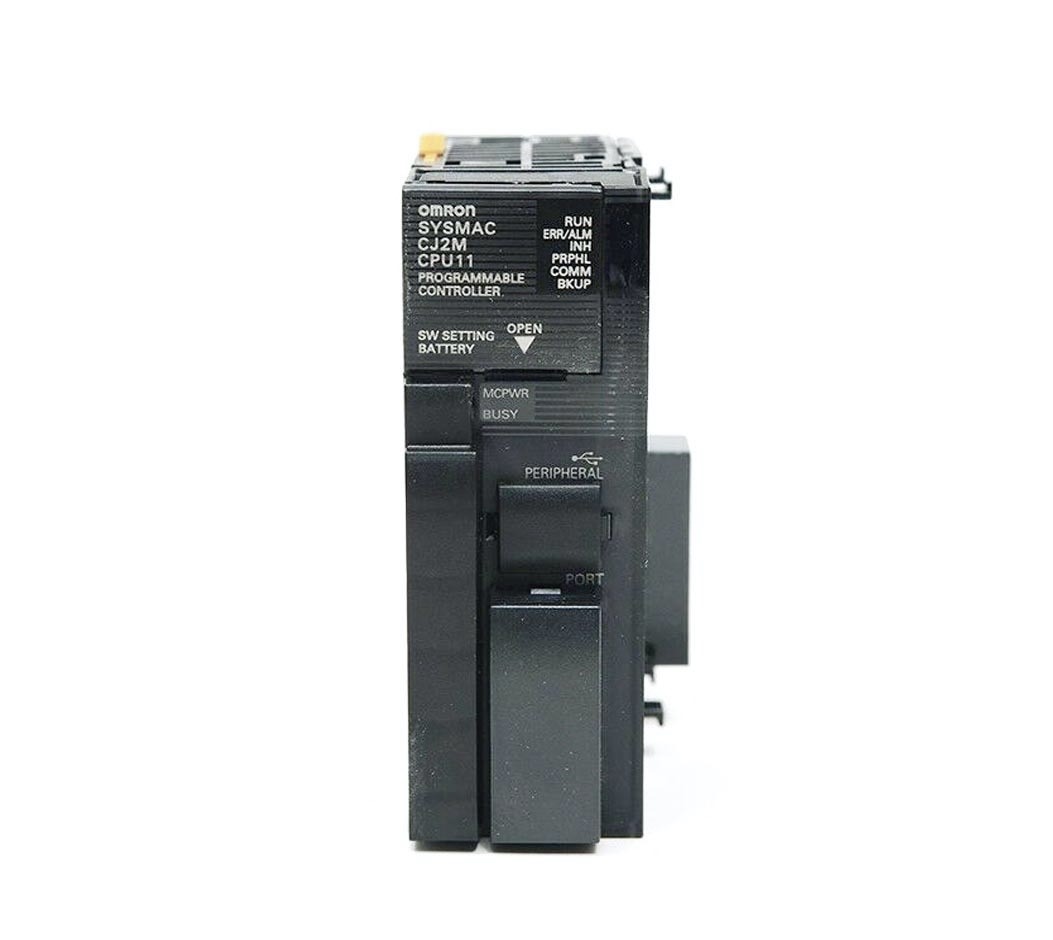CJ2M-CPU11 Omron CPU, 5K steps program, 32K words data memory, 32K words x 1 bank EM, 2560 I/O max, RS-232C serial port, USB programming port, 3 expansion racks max