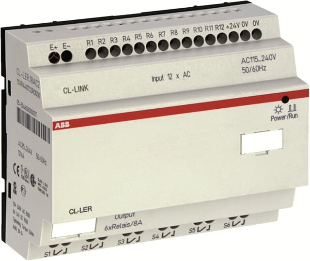 1SVR440723R0000 ABB - CL-LER.18AC2 CL-LER.18AC2 Expansion for logic relays, 100-240VAC, 12I/6O. The CL-LER.18AC2 is an expansion from the CL range. It has 12 digital inputs and 6 relay outputs. The expansion operates with an input voltage of 100-240 V AC and can be connected to a logic relay or display base module via CL-LINK. The package contains a connecting plug (CL-LINK).