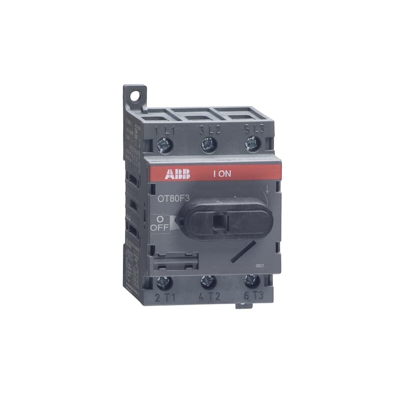 1SCA105798R1001 ABB - OT80F3 SWITCH-DISCONNECTOR, 3-pole, front operated, base mounted, DIN-rail mountable switch-diconnector / non-fusible diconnect switch with protected clamp terminals, handle and shaft are not included