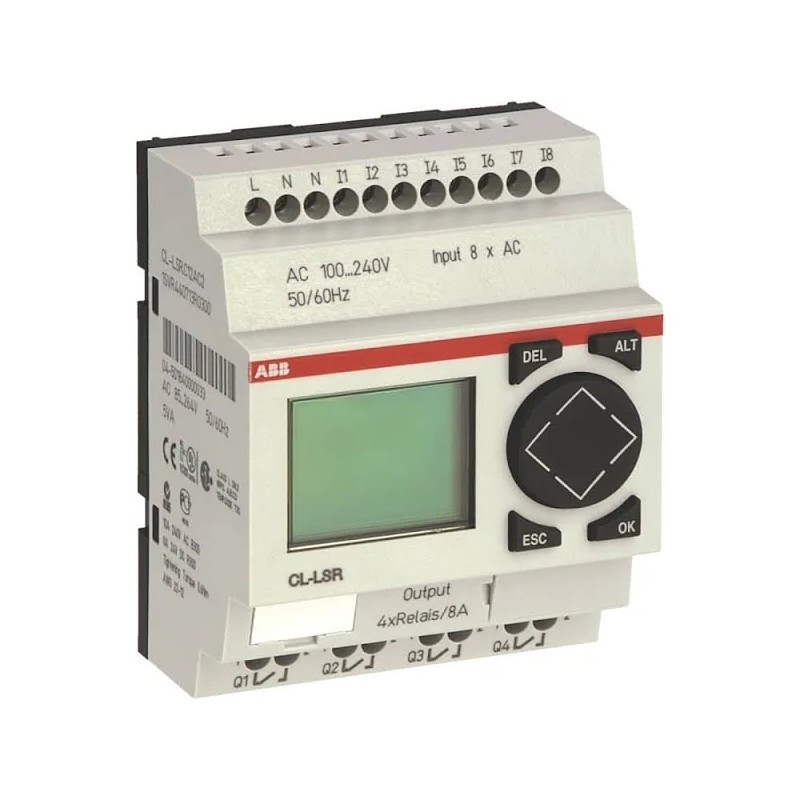 1SVR440712R0300 ABB - CL-LSR.C12AC1 CPU logic module and inputs / outputs. CL-LSR.C12AC1 Logical mode with clock and 24V calendar c.a. with 8 digital inputs (2 analog 0-10V c.c.) and 4 relay outputs with display
