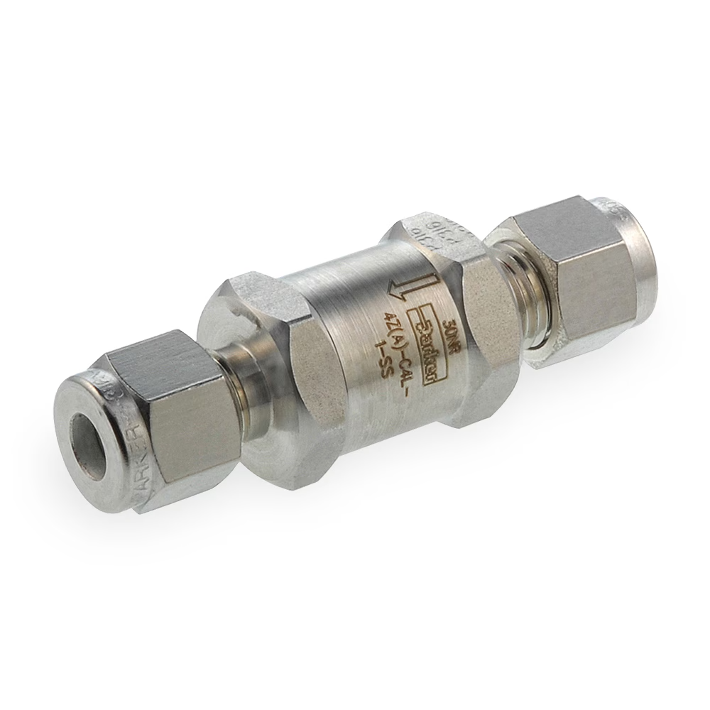 6Z-C6L-10-SS Parker CPI C-Series Check Valve, 316 SS body, 3/8\" single ferrule tube fitting ends, 10 psig crack pressure, highly fluorinated fluorocarbon seal